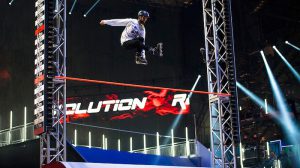 Image of contestant in air on Sky One show Revolution