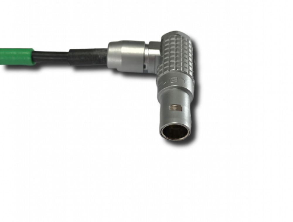 Close -up of right angle connector of the TCB-48RA UltraSync ONE LEMO5 timecode input cable.